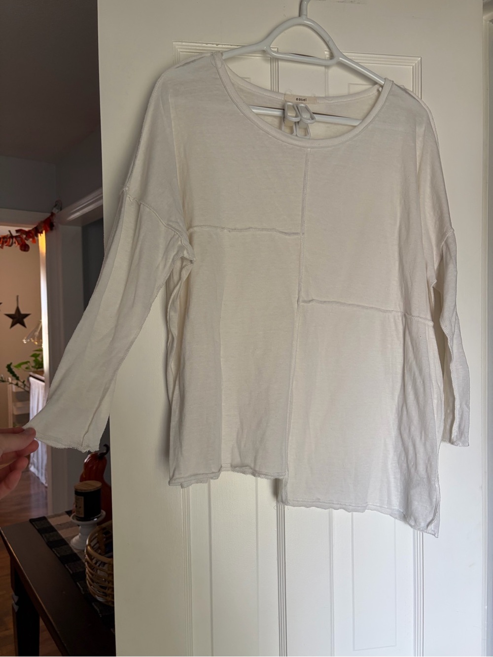 easel Cream Long-Sleeve Raw-Seam Patch Top
